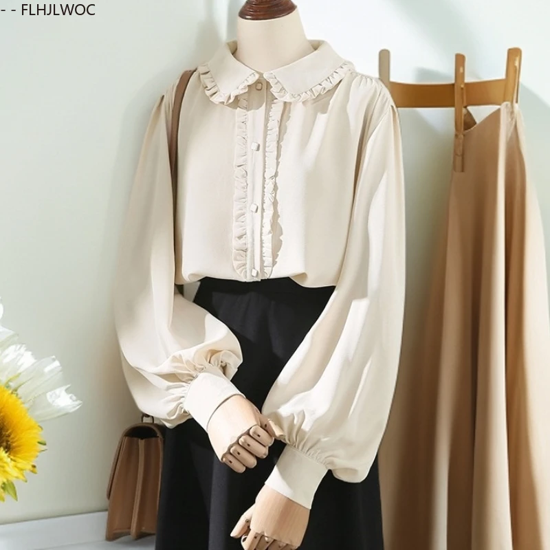 Cute Chic Ruffles Tops Korea Japan Style 2025 Autumn Long Sleeve Preppy Style Retro Vintage Women Peter Pan Collar Top Blouses