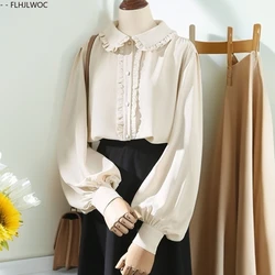 Cute Chic Ruffles Tops Korea Japan Style 2025 Autumn Long Sleeve Preppy Style Retro Vintage Women Peter Pan Collar Top Blouses