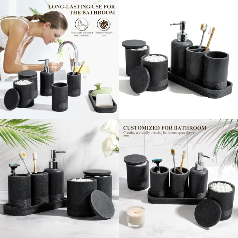 

Bathroom Accessories Set, 6-Piece Bathroom Accessory Set, Toothbrush Holders Set, Soap Dispenser, Vanity Tray, Tumbler, Cotton