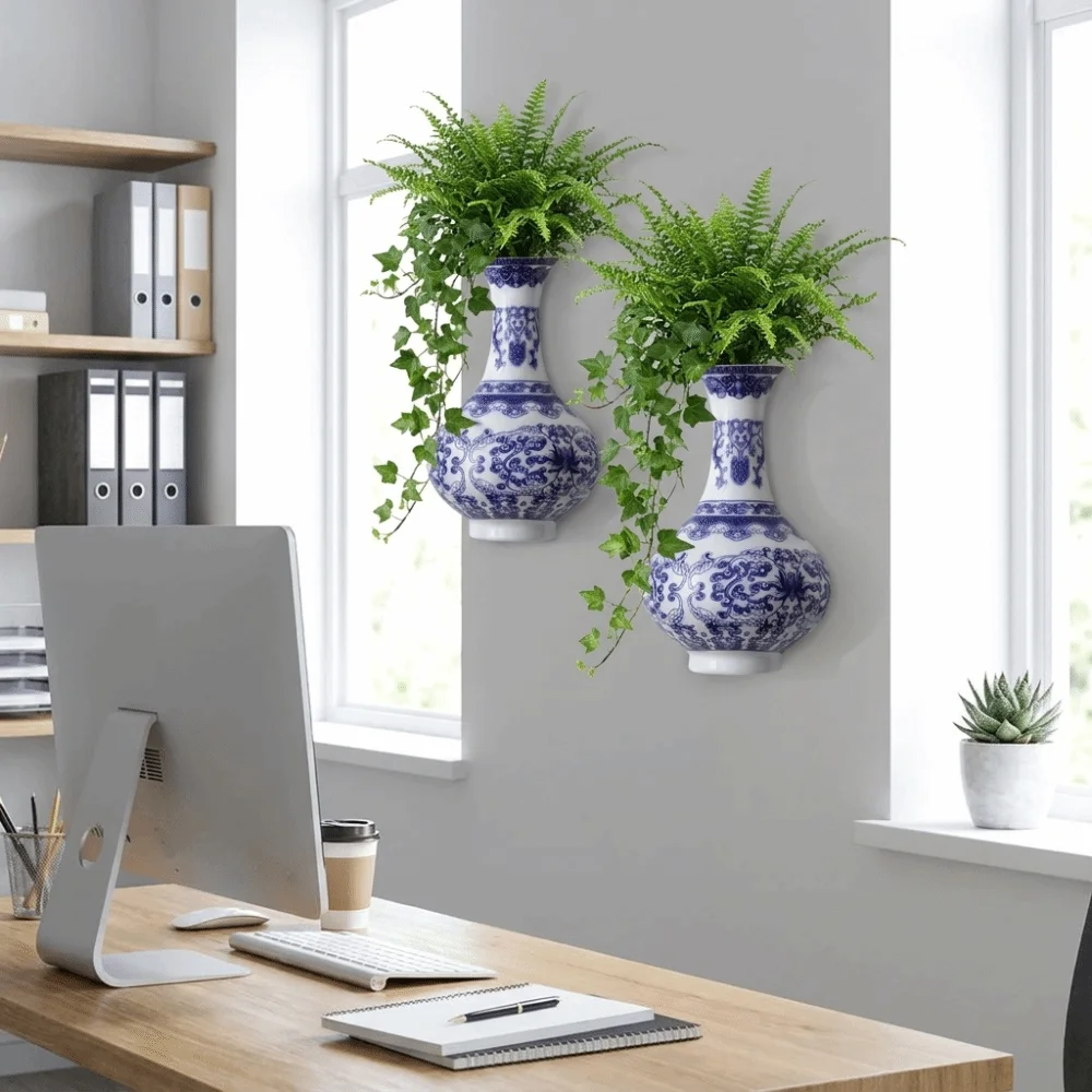 Modern Antique Blue White Porcelain Wall Hanging Ceramic Vase Handmade Decorative Flower Container Hydroponic Vase Table