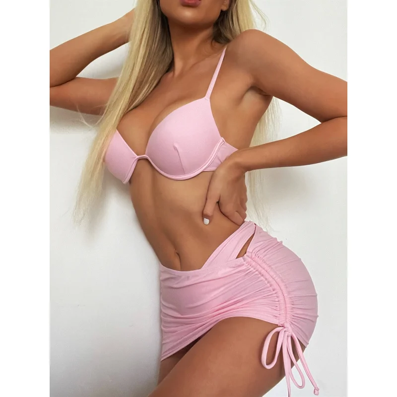 Bikini Double New Three-Piece Set Bikini Women's Swimsuit Swimming Suit Solid Color Push-up Swimsuitbikini6281