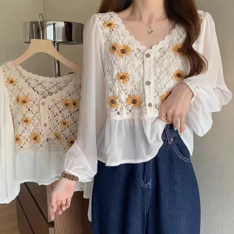 Crochet Top Chiffon Flower Embroidery Daisy Long Sleeve Button Front Fake Two-Piece Blouse Spring Summer Fairycore Cottagecore