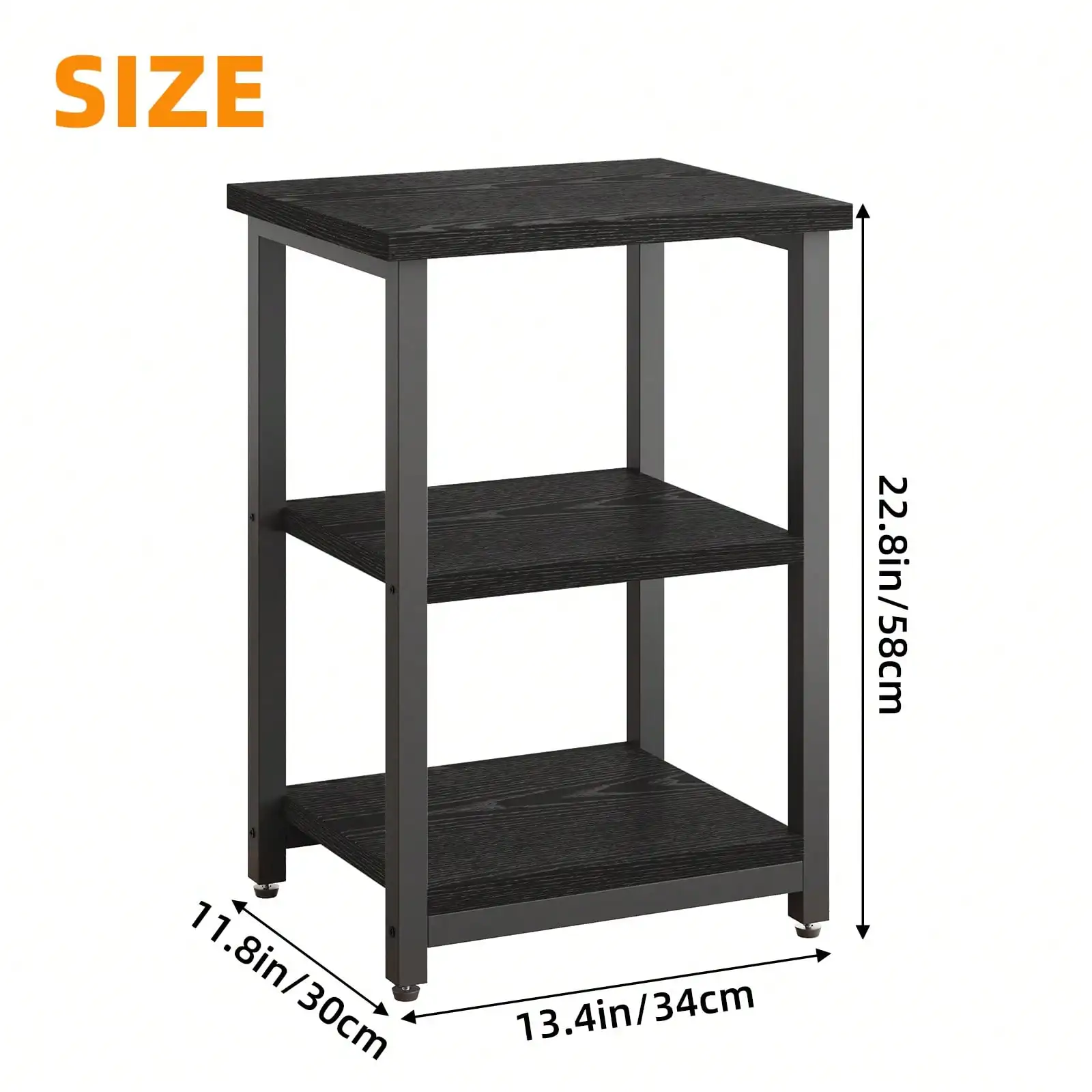 3-Tier Nightstand Modern Black Wood Grain Bedside Table Slim Metal Frame Space-Saving Storage Shelves Accent End Table For Bedroom Living Room Small Spaces Housewarming Gift**
