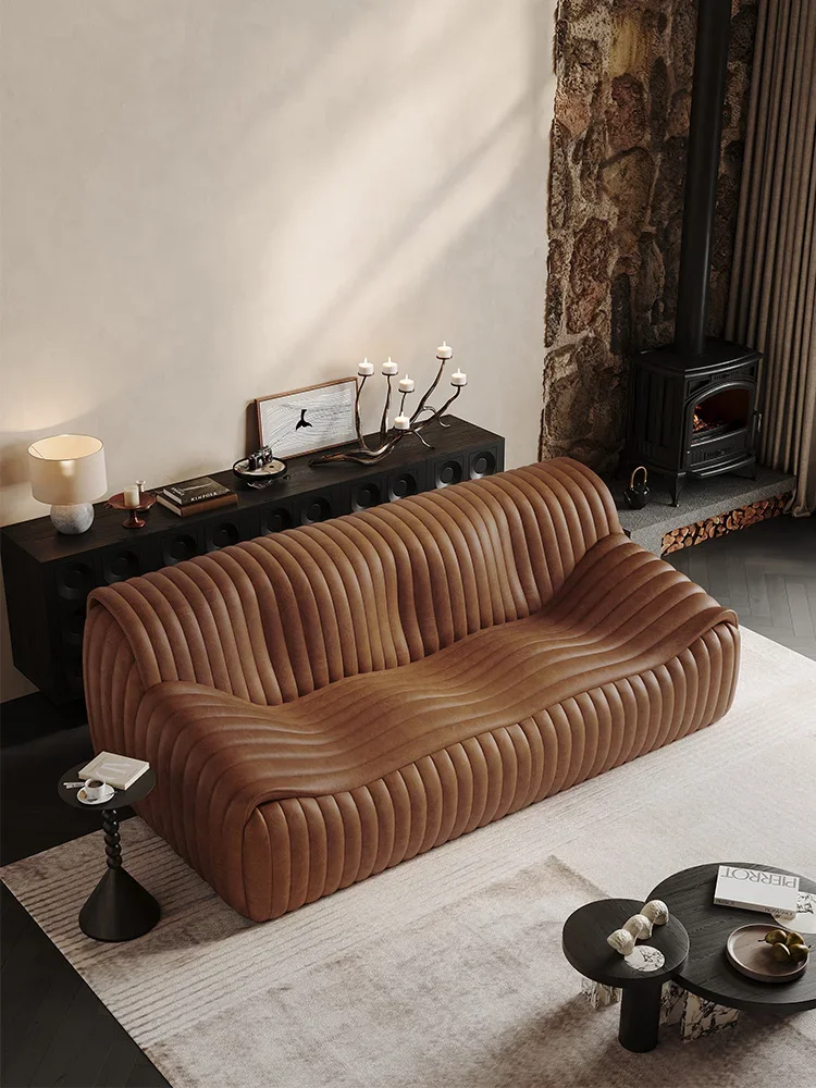 American medieval oil wax leather wavy sofa, straight row three-person French leather sofa