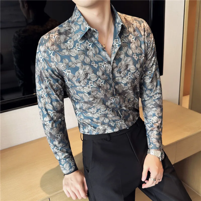 Mens Printed Shirt 2023 Autumn New Long Sleeved Elastic Slim Fit Camisas Club/Prom Tuxedo Dress Shirt Tops Casual Men Clothing