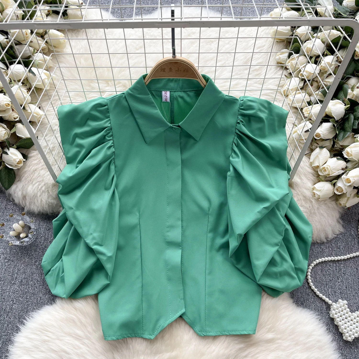 French Vintage Elegant Puff Sleeve fold turn-down collar Blouse Fashion Chic Top Fairy Spring Summer Women Shirt