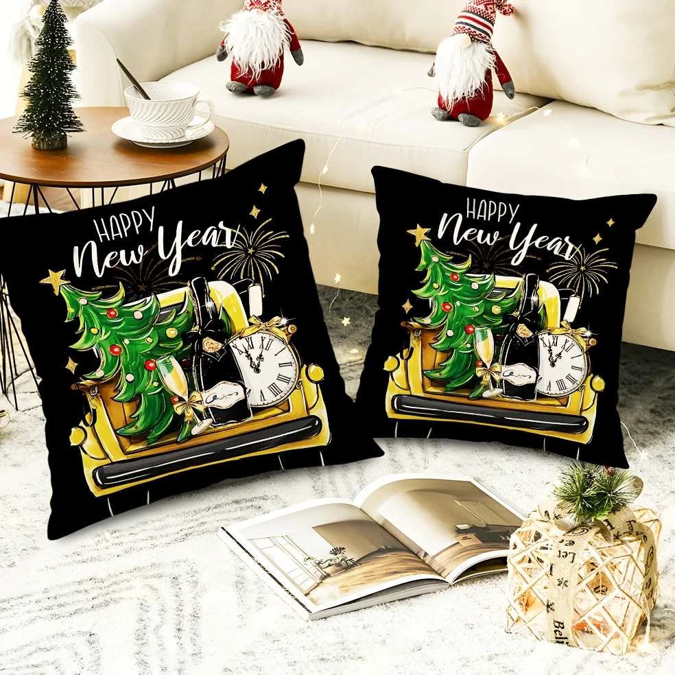 2pcs, Happy New Year, Yellow Truck, Clock, Green Christmas Tree Pillow Cushion Cheers, Pillowcase, for Sofa Bed Outdoor