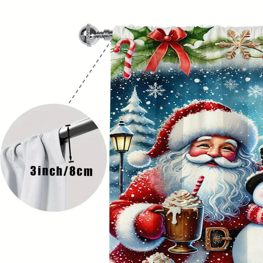 2PCS Santa Snowman Christmas Curtains, Hot Cocoa Mug Candy Cane Winter Scene, Cozy Holiday Window Drapes for Bedroom Living Room
