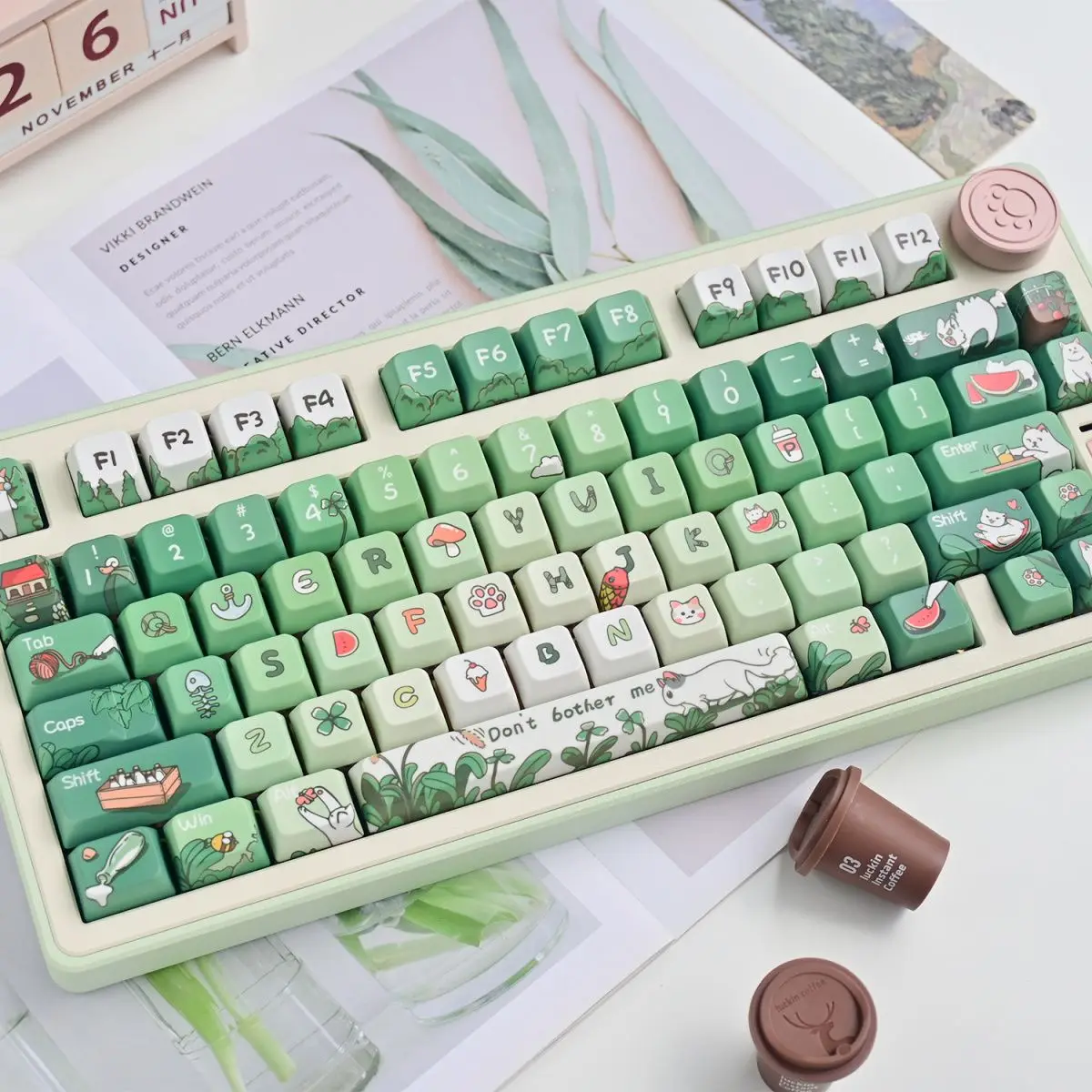 Teclado mecânico Keycaps, desenhos animados pintados à mão criativos, menina bonito, gato irritado, verde, PBT, MDA, cereja, menina, DIY, 134 chaves