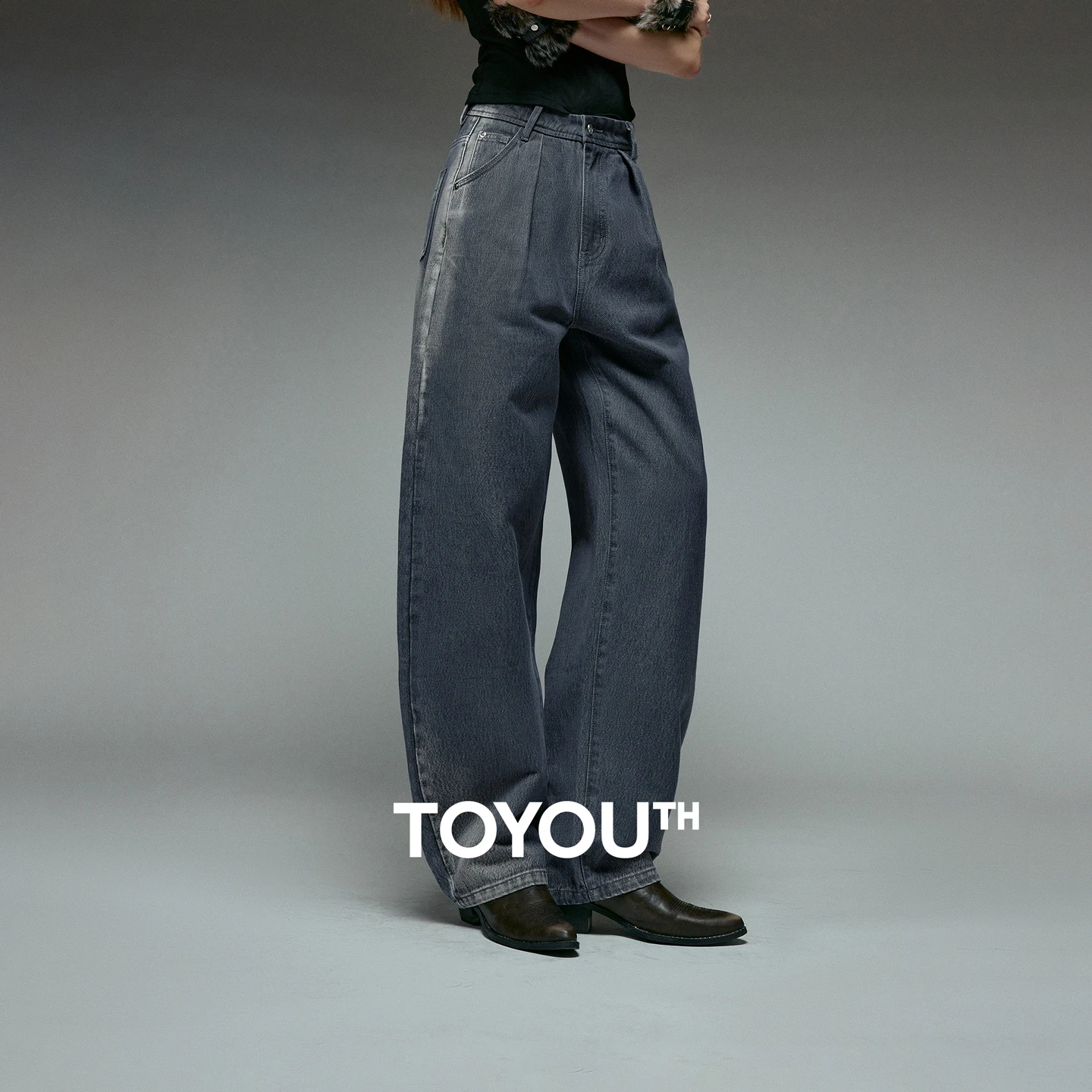 TOYOUTH Women Jeans 2025 Winter New Gray Banana Pants High-Waisted Distressed Long Trousers