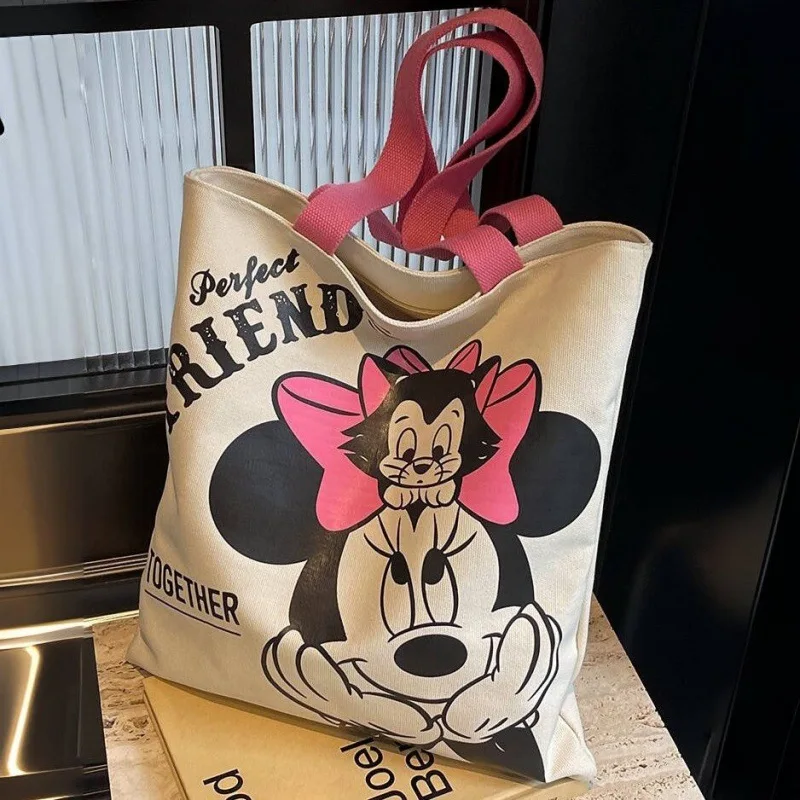 Sacola Disney grande capacidade para mulheres, carta kawaii Mickey Mouse, bolsa de ombro para meninas, bolsa de desenho animado