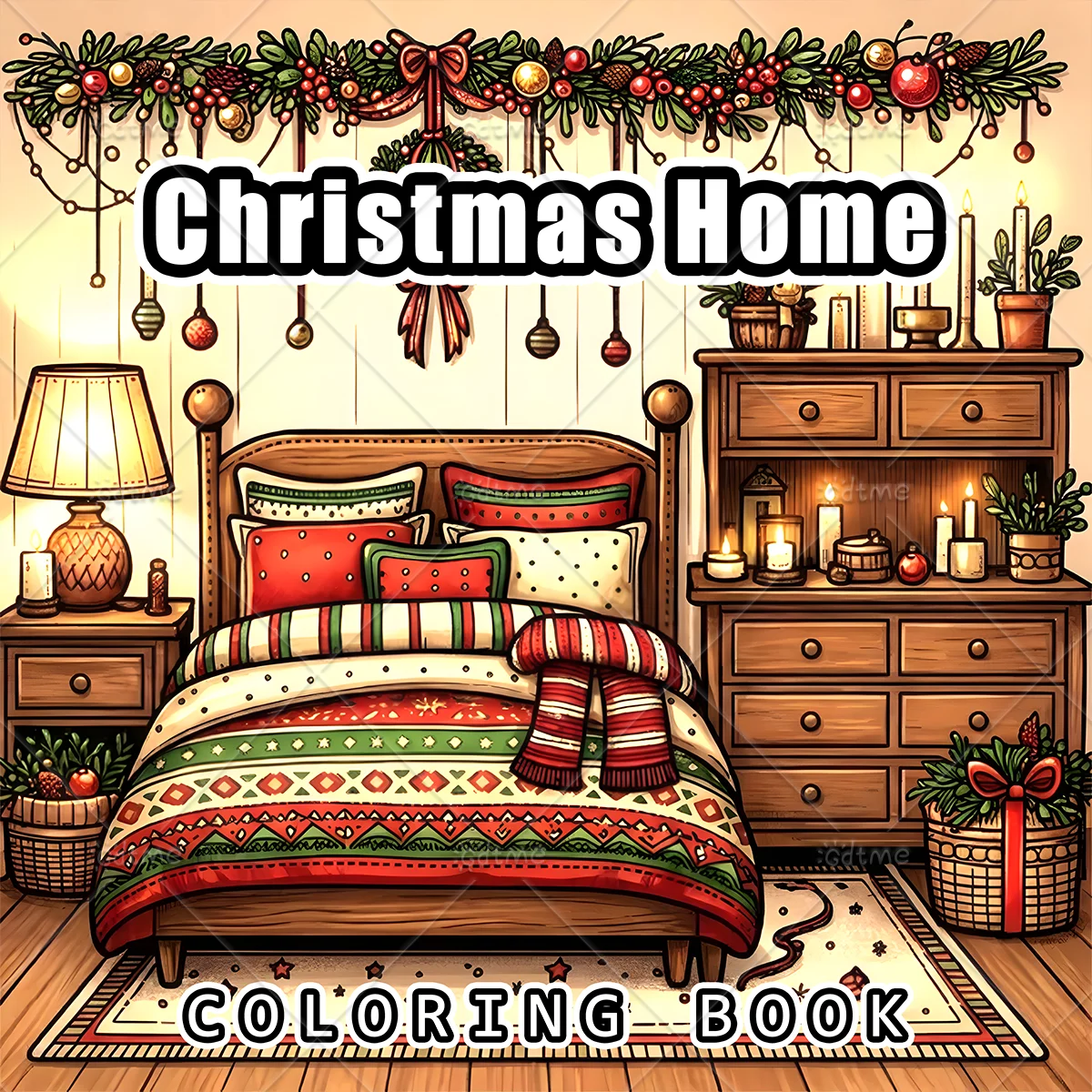 Christmas Home Coloring Book for Adults , Cozy Xmas Bedroom Home Decor Patterns, Stress‑Relaxing Mindfulness Art Activity Book