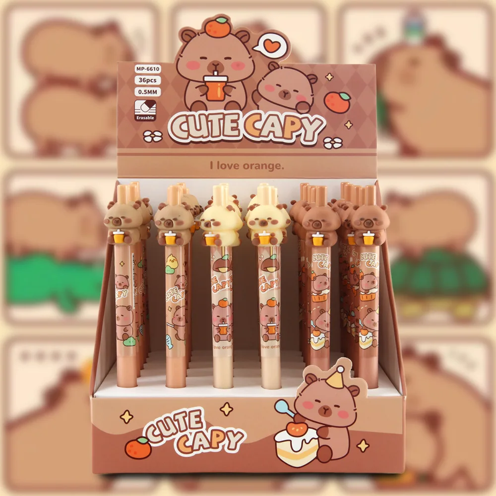 

36Pcs/Lot Cute Cartoon Capybara Erasable Pen 0.5mm Blue ink Gel Pens Easy Correcting Pen for School Students Writing Stationery