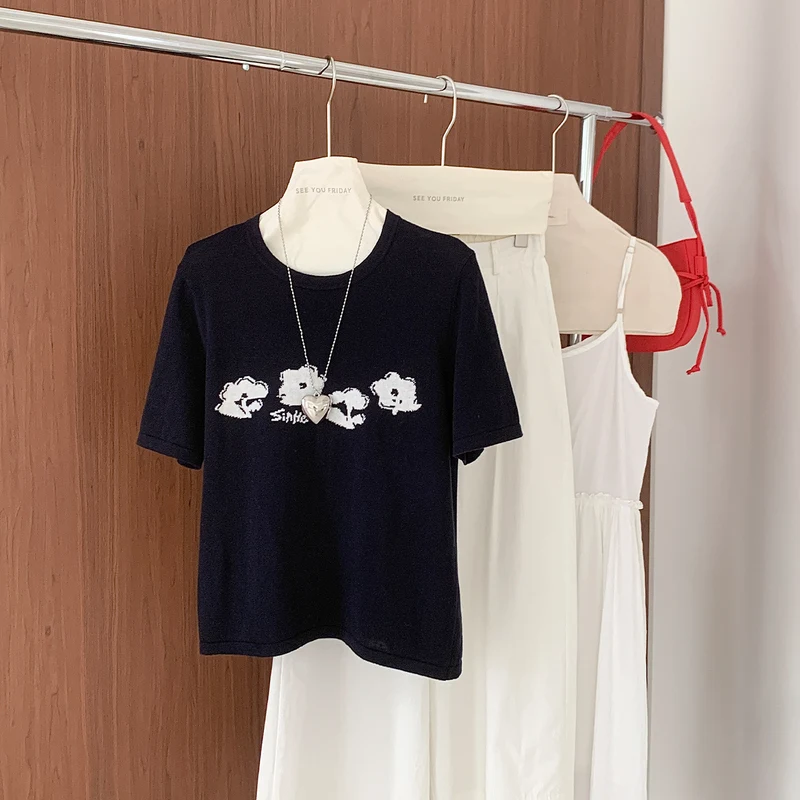 

Summer 100% cotton women's T-shirt casual knitted pullover short sleeved loose round neck T-shirt high-end embroidered top