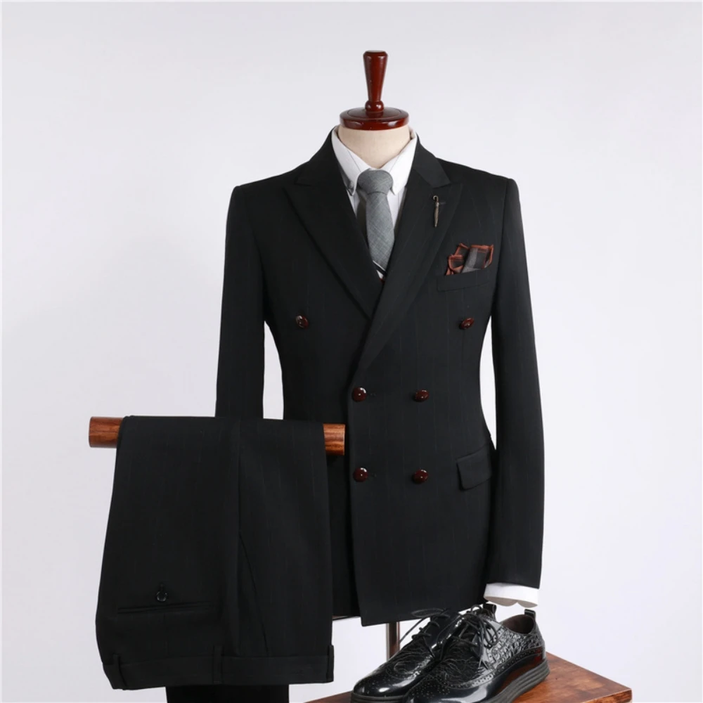 Double Breasted Men's Striped Suit Set Wedding Groom Outfit,Formal Peak Lapel Suits 3 Pieces Blazer Vest Pants Business Outfit