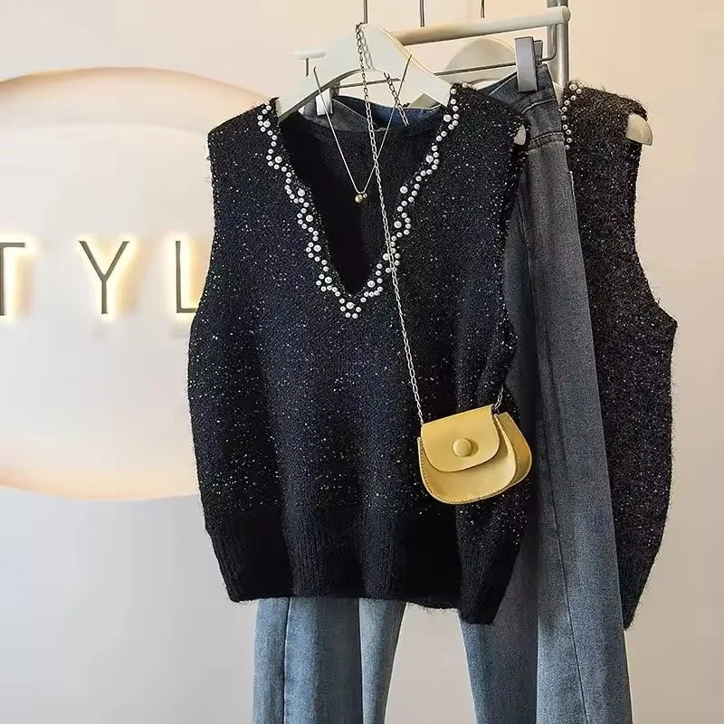 

Новый осенне-зимний модный короткий вязаный жилет-свитер для женщин, пуловер без рукавов с V-образным вырезом, повседневный трикотаж, женские топы