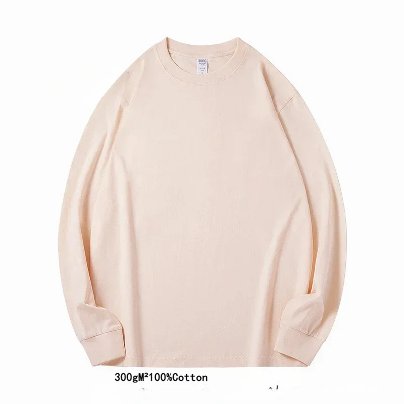 Spring Autumn 300g Heavy-duty Pure Cotton Long Sleeved  T-shirt FLoose White Top Thick Base Layer Underneath for Men and Women image 5