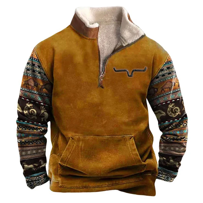 

Long Sleeve Men's Hoodie Bullhead Ethnic Patterns Splicing Sweatshirt Casual Trendy Half-zip Pullover As Gift Tops