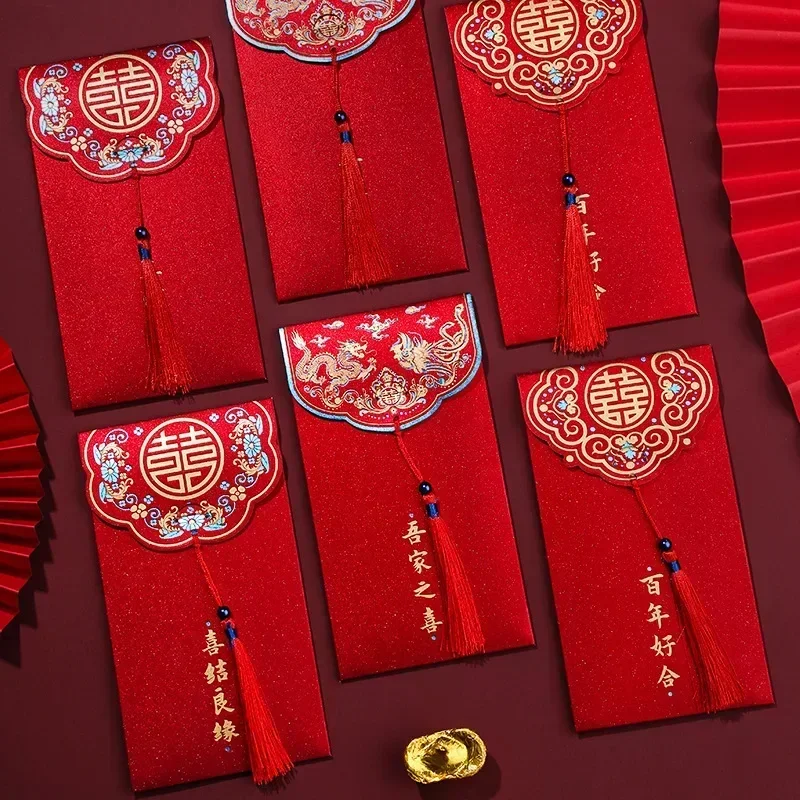 Sobres de boda rojos de 5 piezas con borla, bolsa de dinero en efectivo chino de la suerte, Sobres de papel de bolsillo para bendición, embalaje de regalos Hongbao