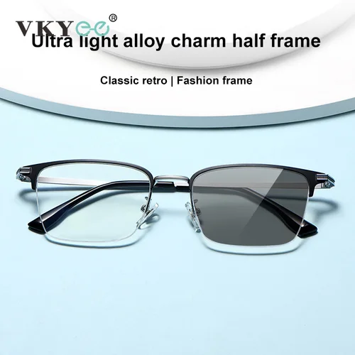 VKYEE, gafas de negocios de media montura para hombre de aleación ultraligeras, gafas graduadas personalizables antiluz azul fotocromáticas 9172K