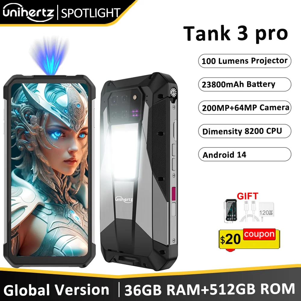 Unihertz Tank 3 Pro 8849 with 100 Lumens 120Hz Projector ,32GB/36GB RAM,512GB ROM,23800mAh 120W Fast Charger,5G,200MP Camera