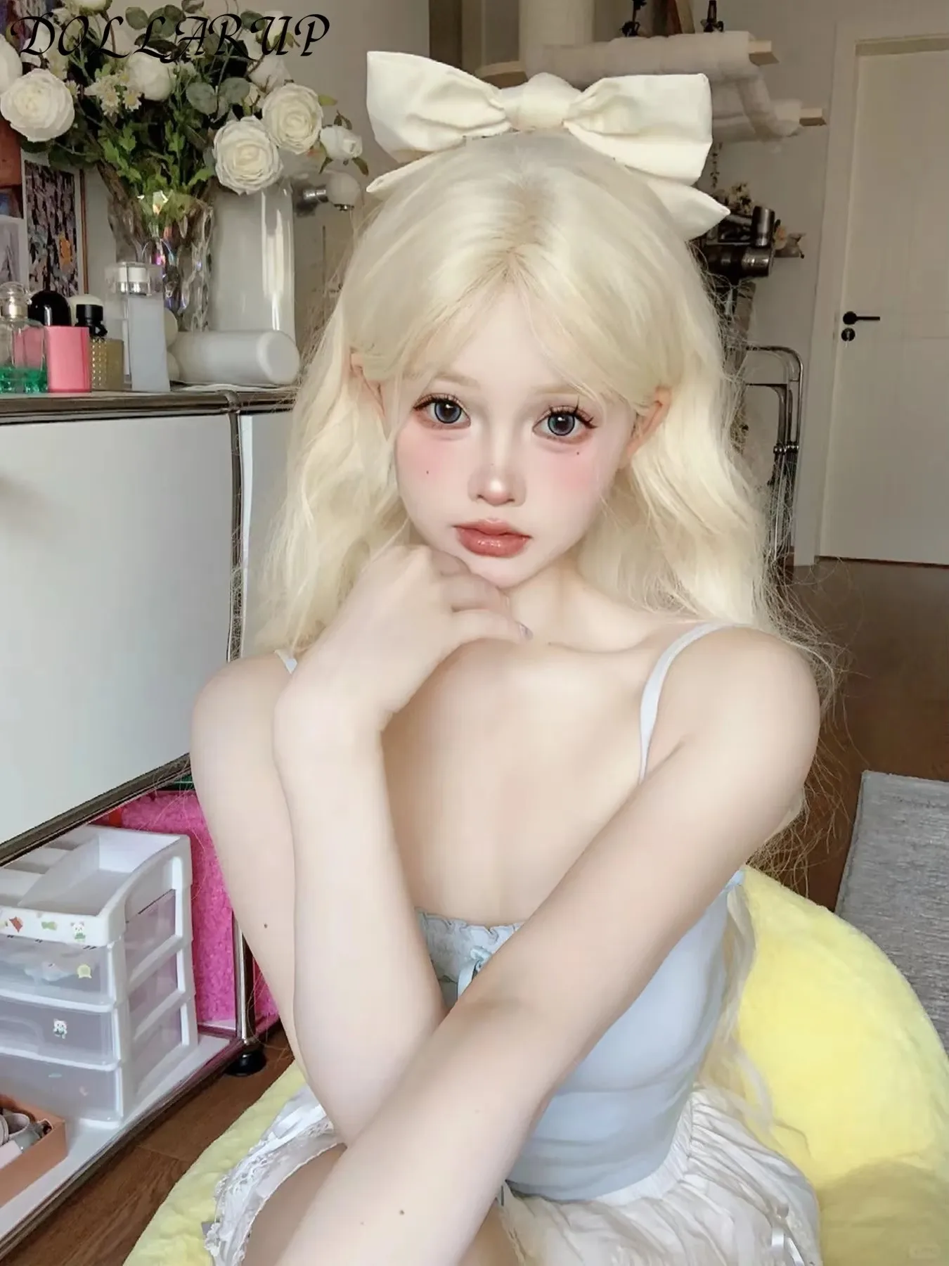 JKL شقراء طويلة مجعد الشعر بيروكات صناعية مع الانفجارات بلاتيوم الذهبي لوليتا تأثيري الباروكات للنساء اليومية حفلة تأثيري #6