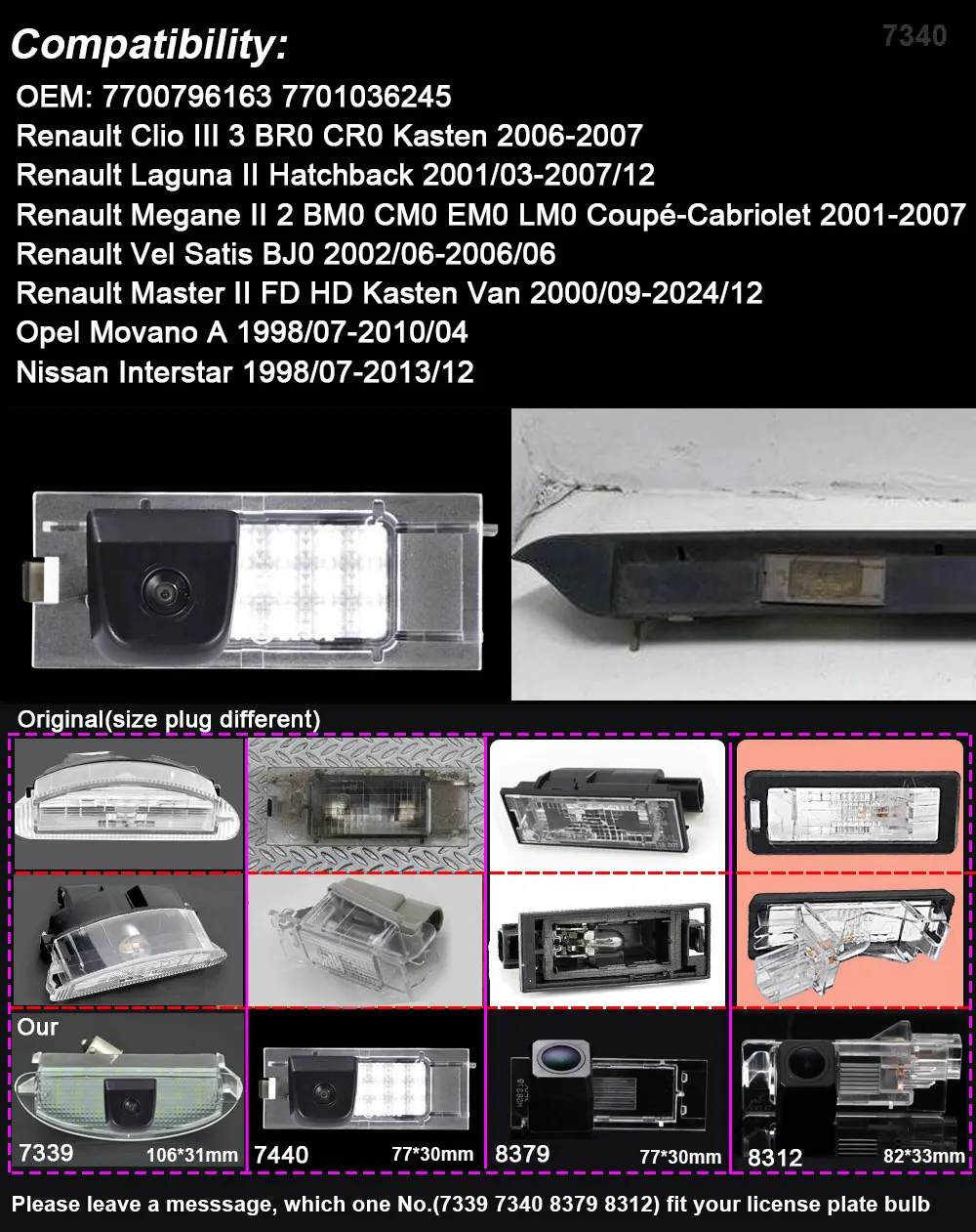 Car Reverse Camera for Renault Megane II / Clio II /Laguna II /Vel Satis/Master OEM 7700796163