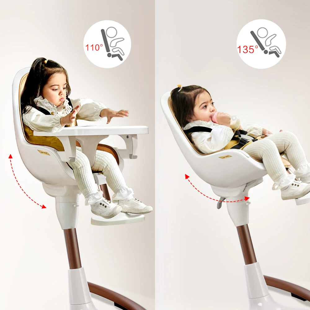 Hot Mom Baby High Chair - Luxury, Adjustable Seat Angle & up heights, Double Tray, life-time Availability, White Gold.