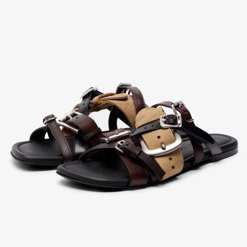 Damen Metall-Gürtelschnallen-Flachpantoffeln Modische Runde Offene Zehenpartie Leichte Strandsandalen