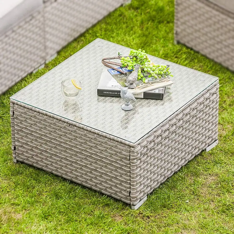 

Outdoor Furniture Warm Gray Wicker GlassTop Coffee Table for Expanding Sectional Sofa Set for Garden, Pool, Backyard