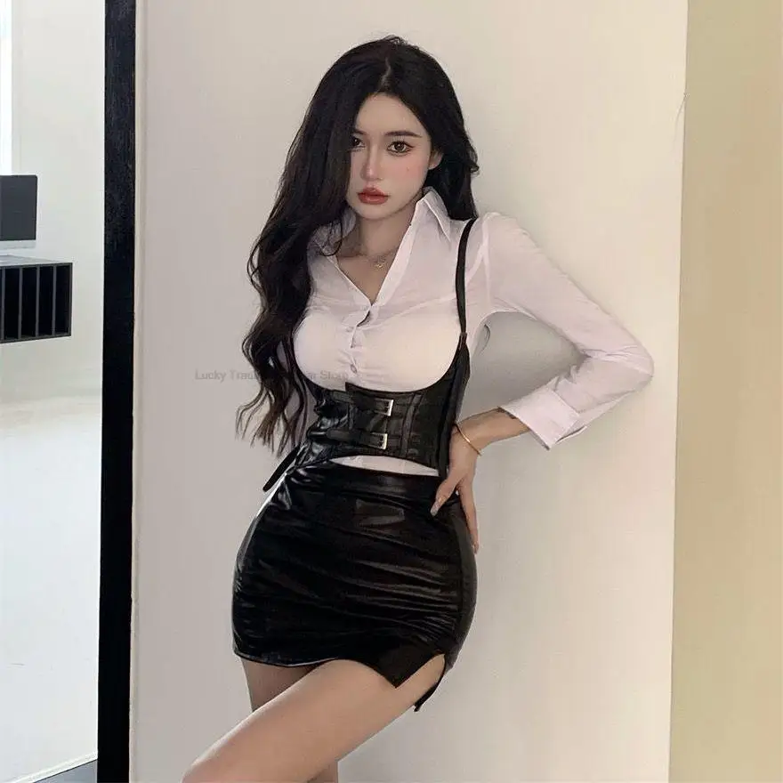 Japanese Korean Style Jk Uniform Suit women's long-sleeved Versatile Shirt Waistband Sling Vest High Waist Wrap Skirt Sexy Set