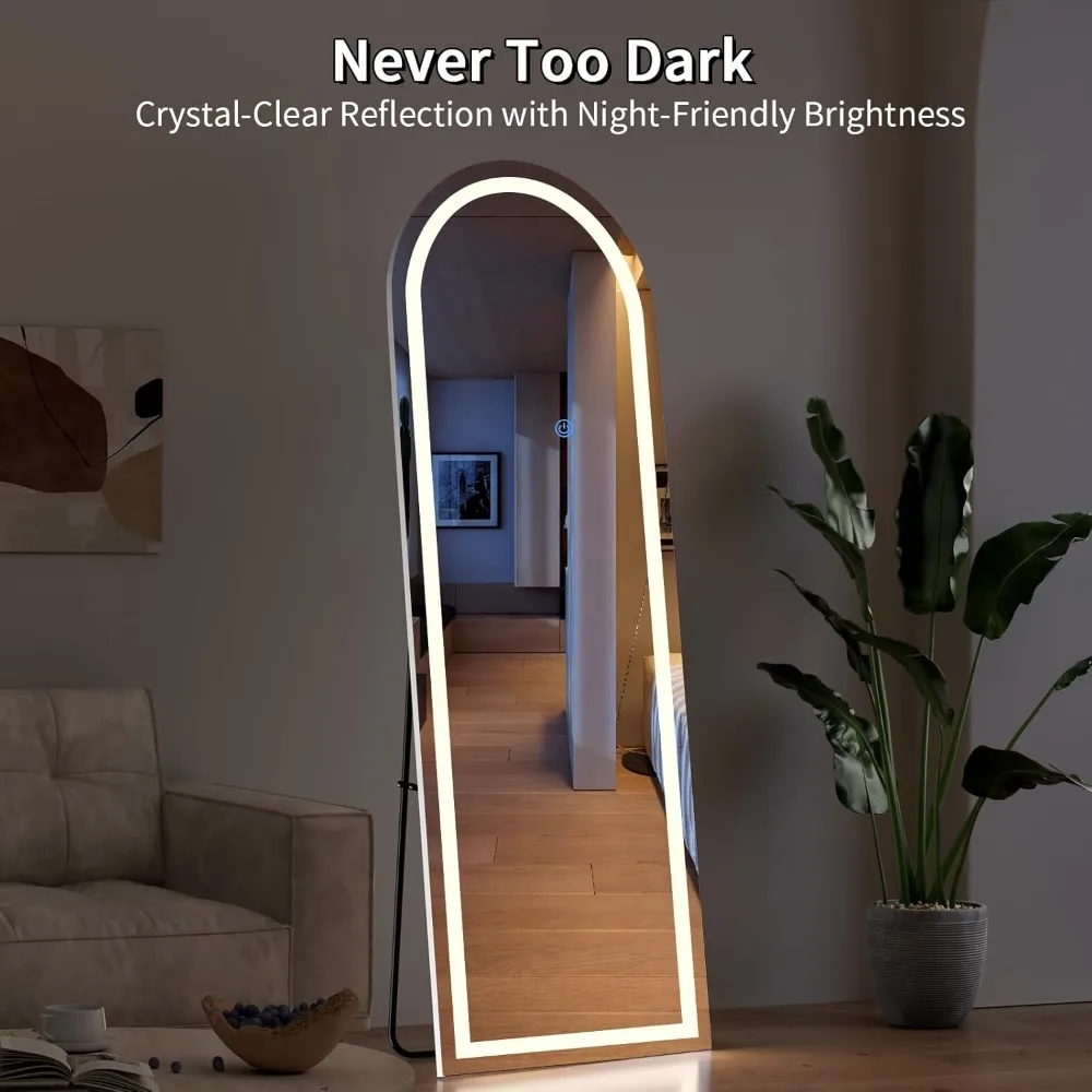 스탠드가 있는 조명이 있는 풀 렝스 LED 아치형 거울, 전신 반사용 68 x 26 조명 바닥 거울
