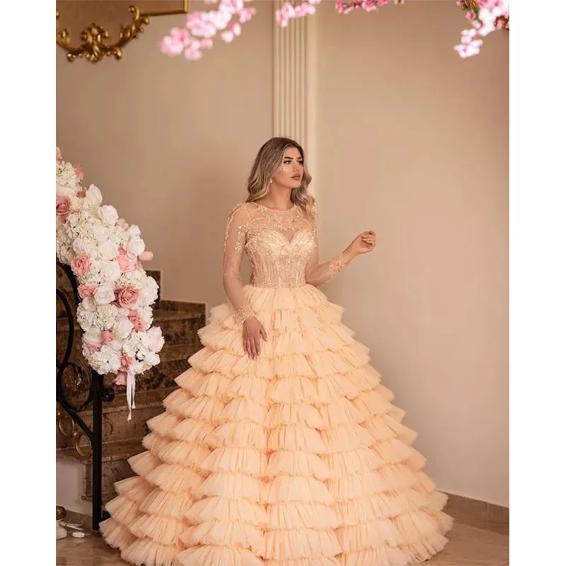 

Exquisite A Line Prom Dresses O Neck Long Sleeve Beads Appliques Tiered Tulle Party Gowns Sweep Train Special Occasion Dresses