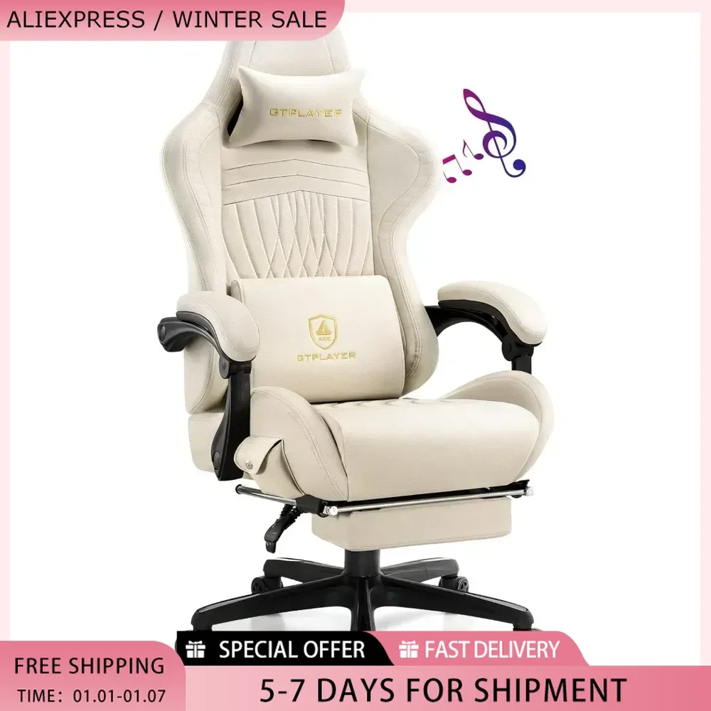 Gaming Chair,Computer Chair w Footrest Bluetooth Speakers,High Back Ergonomic,Reclining w Linkage Armrests by GTRacing,Leather