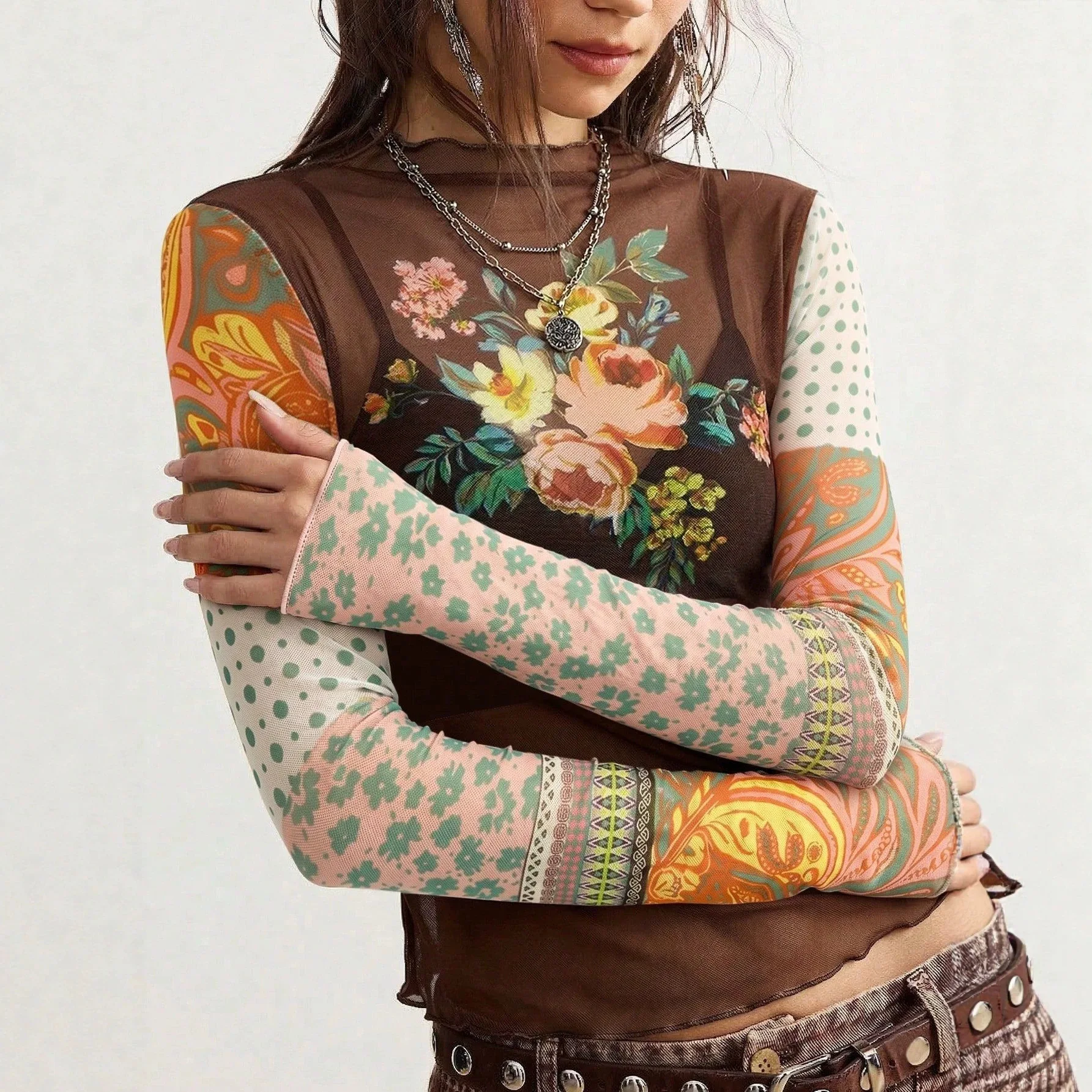 Women Floral Mesh T‑Shirt Long Sleeve Boho Sheer Slim Fit Y2K See Through Top Vintage Casual Streetwear Blouse