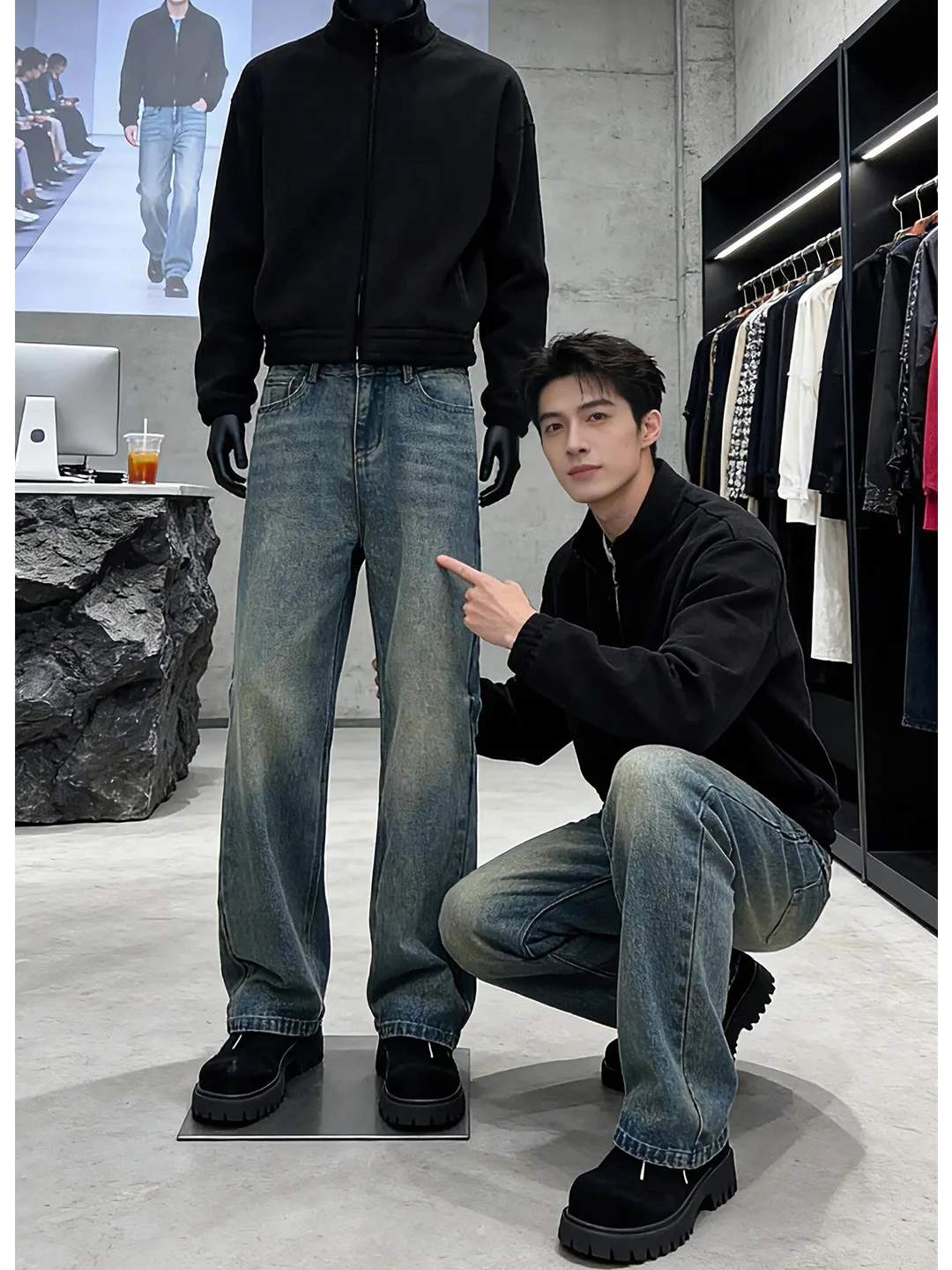 

Retro American Blue Straight Leg Fleece Lined Slim Fit Knife Casual Jeans Men's mid Waist Zipper Pocket Youth Fashion