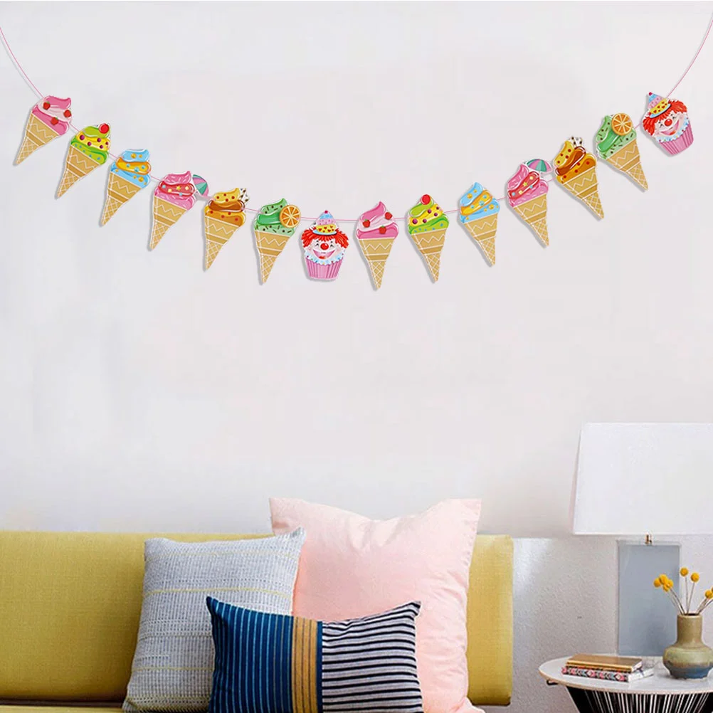 Pull Flag Garland Ice Cream Shape Summer Theme Holiday Decorations Party Bunting Colorful