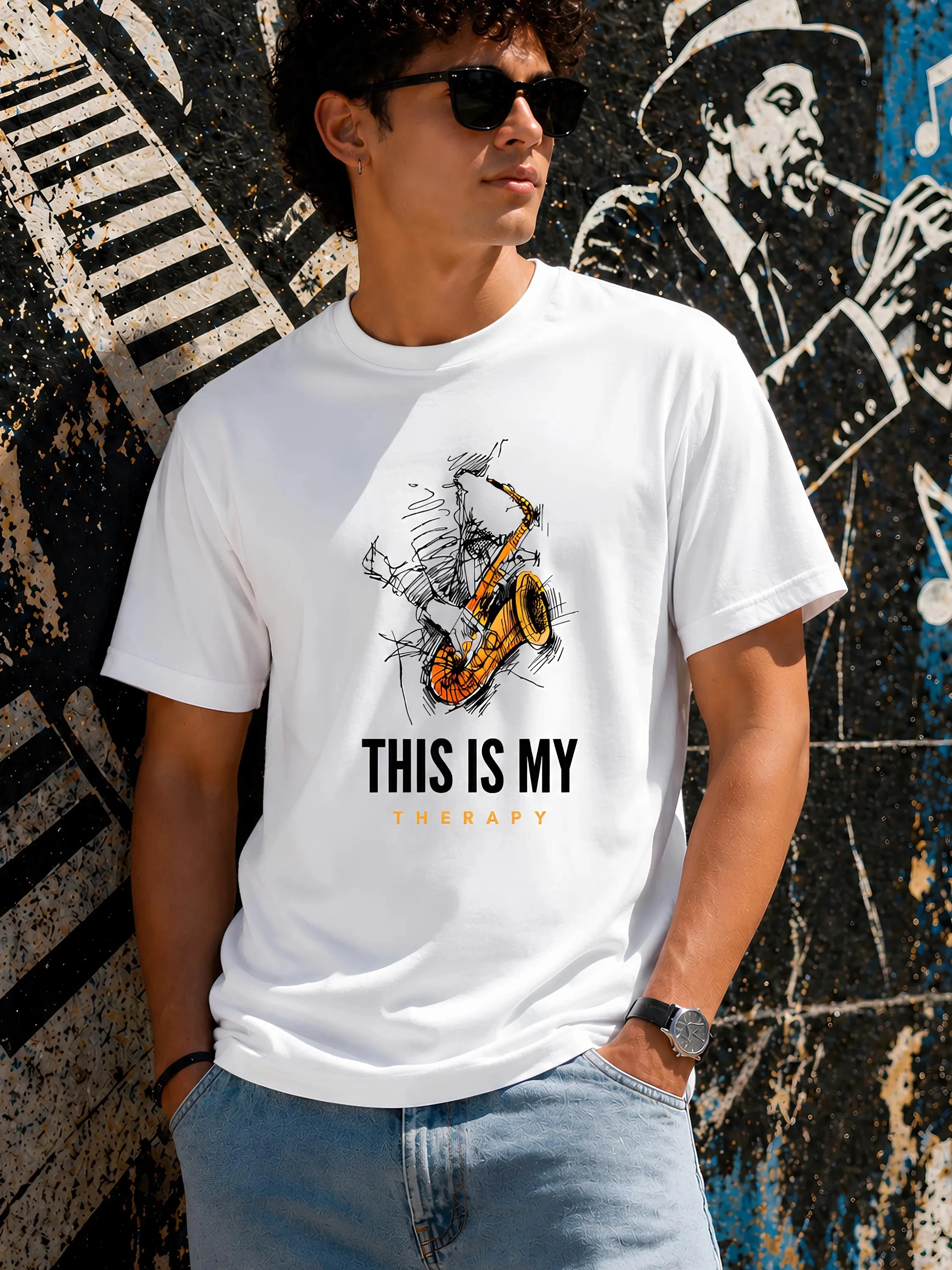 Summer New Men's  High-quality T-shirts Luxury Printed Top Saxophone Therapy T-Shirt Jazz Tee Organic Cotton for Musicians