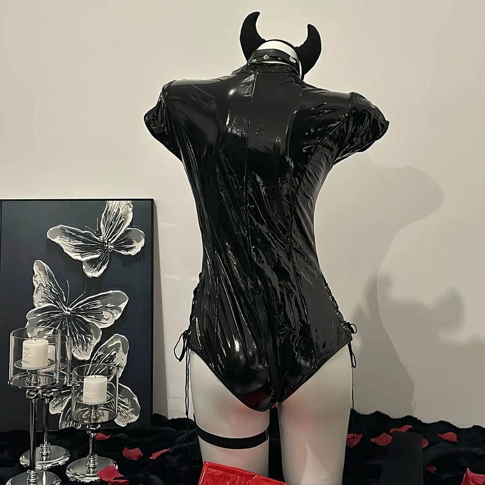 AniLV Sleeping Demon Outfits Uniform Bat Leg Ring Set Cosplay Halloween Haunted House Women Leather Deep V-neck Bodysuit Costume