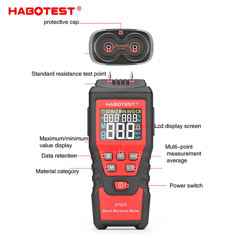 HT632 Wood Moisture Meter Wall Water Tester Digital Humidity Meter HABOTEST Two Pins Hygrometer Concrete Cement Brick Detector