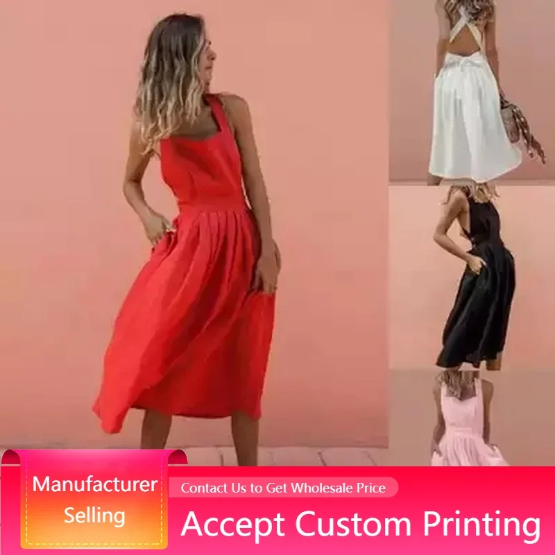 Summer Sexy Dress Women Casual Backless Ankle-length Lace-up Sleeveless Midi Pleated Dress Beach Dress O-neck Strap Red Sundress