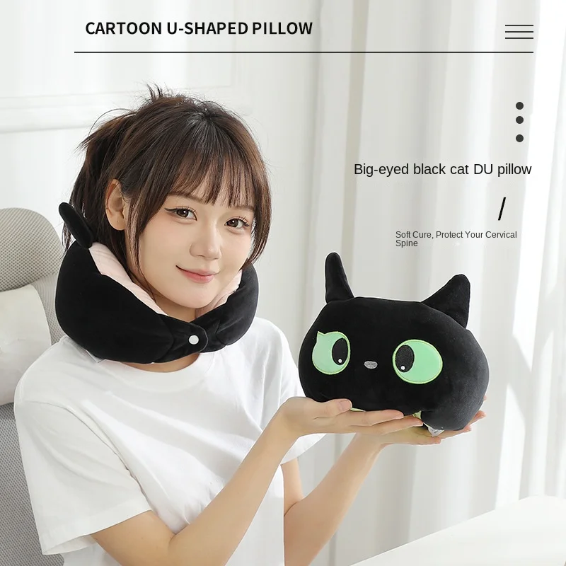 Cartoon Big-eyed Black Cat U-shaped Pillow Foam Particle Ultra-light Neck Pillow Traveler Portable Neck Pillow