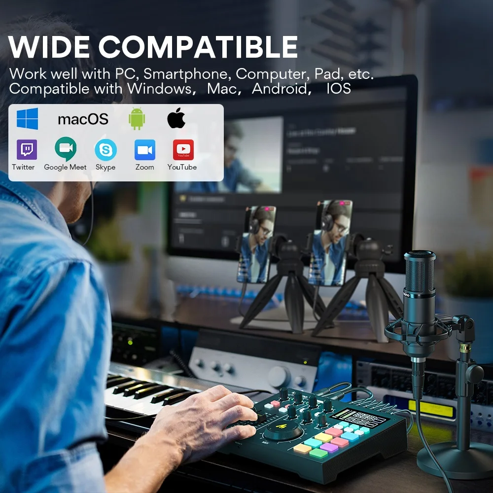 MAONOCASTER AM100 K2 Soundkarte mit Desktop-XLR-Mikrofon und Monitor-Kopfhörer All-In-One Podcast Production Studio Kit