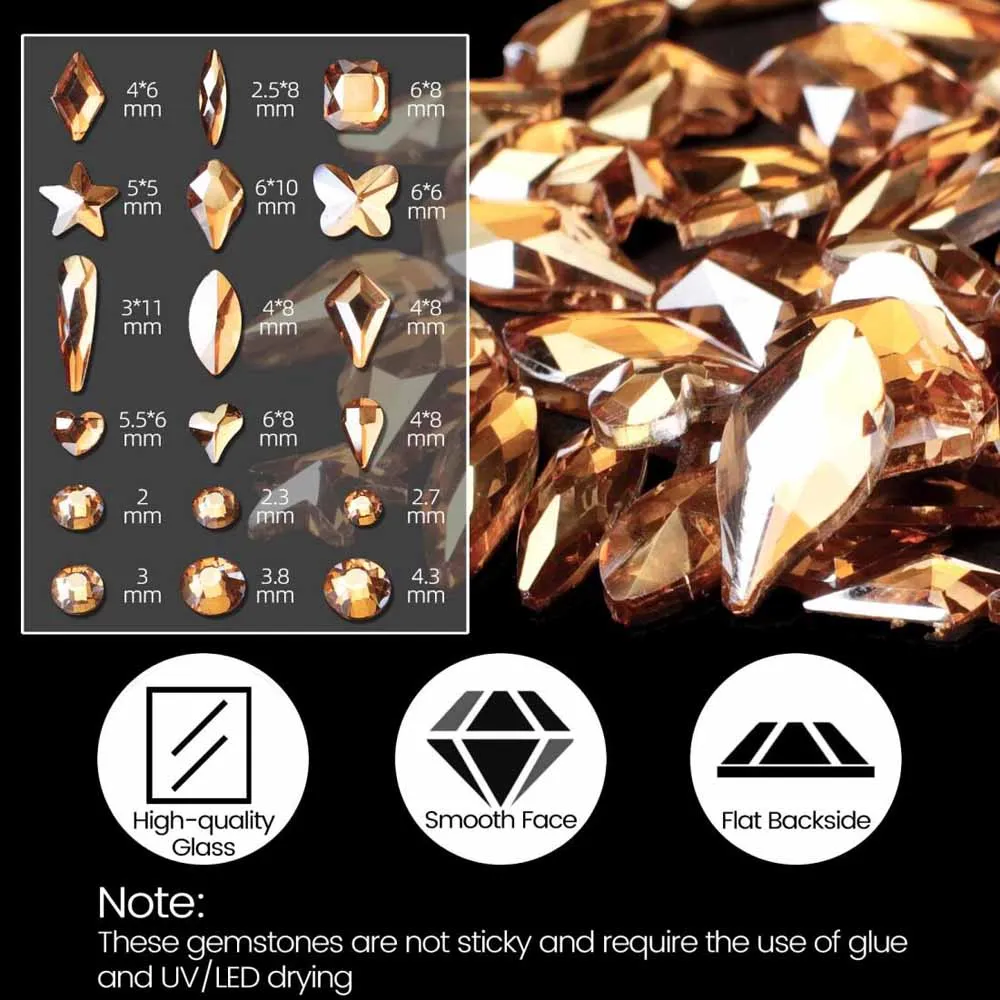 เพชรตกแต่งเล็บ 12 ช่อง สีแชมเปญ แบบกระจก ผสมเพชรกลมและเหลี่ยม ประกายระยิบระยับ รูปหัวใจ ดาว คริสตัล
