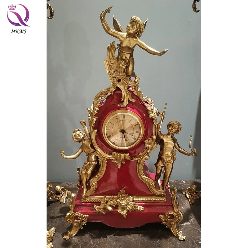 Low MOQ European style home decoration table clock French luxury red ceramic clock pure copper angel desk clock