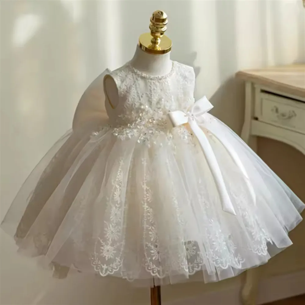 

Customized Cute Flower Girl Wedding Dress Appliques Lace Bow Princess Birthday Party Gown Kids Ceremony Special Occasion Dress