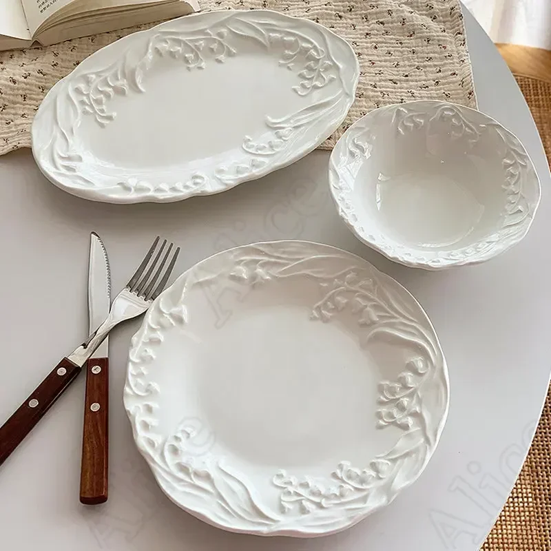 Platão cerâmica lirio francés l Valle, vajilla textura alivio Color sólido Simples, platos cena postre p