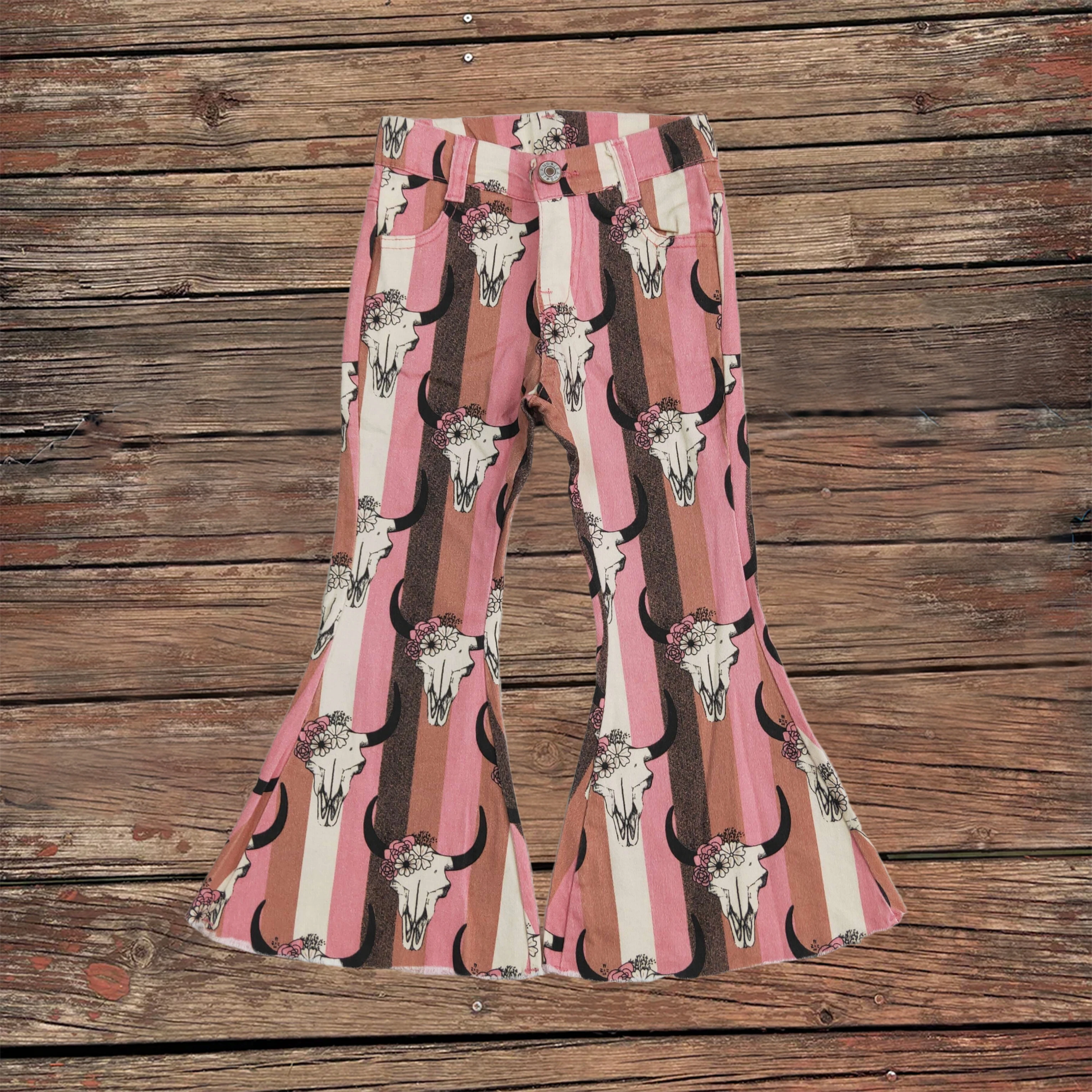 

Wholesale Boutique Toddler Zipper Skull Bell Flare Denim Pants Kids Pocket Baby Girl Aztec Western Cow Trousers Children Jeans