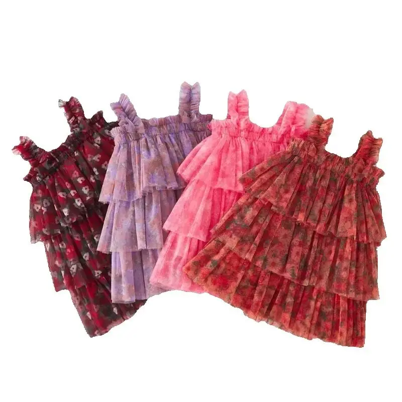 

2025 Autumn New Children Floral Cake Dresses Christmas Day Girls Mesh Dance Puffy Dress Baby Photography Sling Princess Dress
