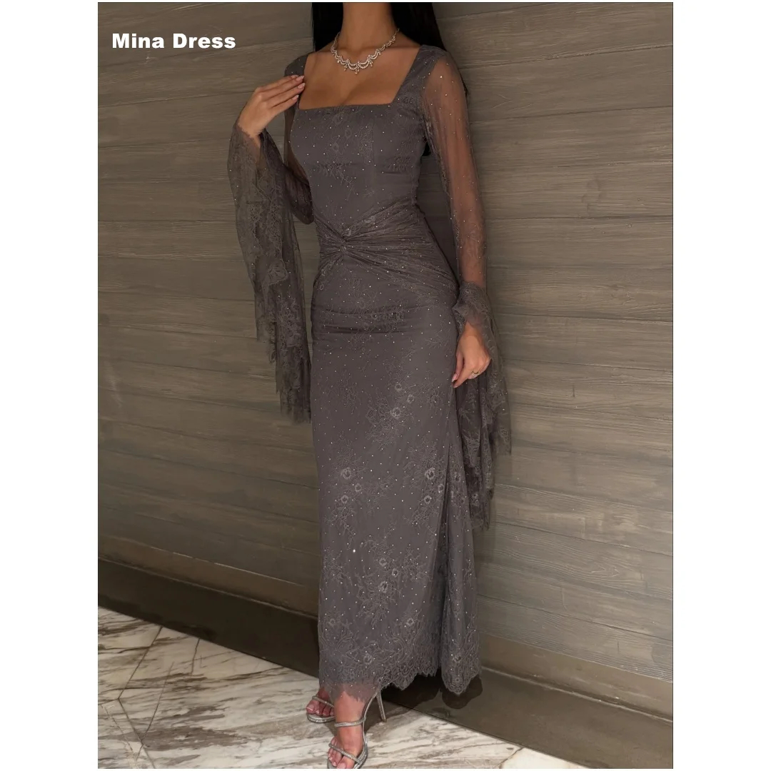 Mina Customized Gray Luxury Party Dress Lace Embroidered Long Sleeves Luxurious Evening Dresses for Special Occasions Elegant